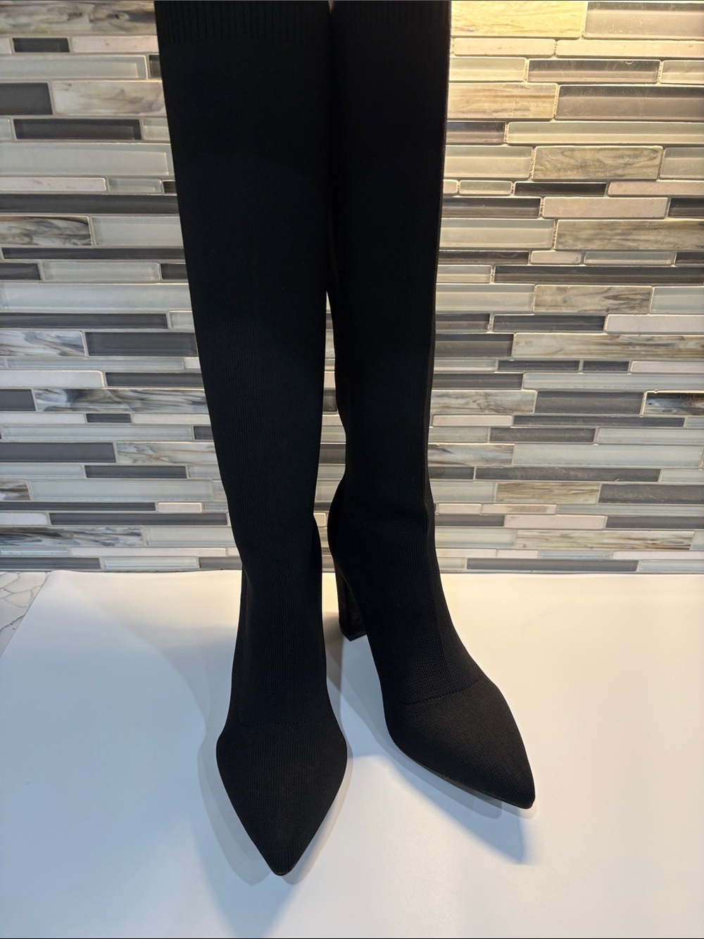 Over-the-Knee Black Stretch Sock Boots with Pointed Toe